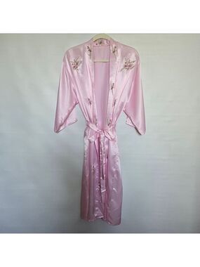 ROBE & CAMISOLE PAJAMA SET 100% SILK WOMEN PINK EMBROIDERED FLORAL DESIGN XXL